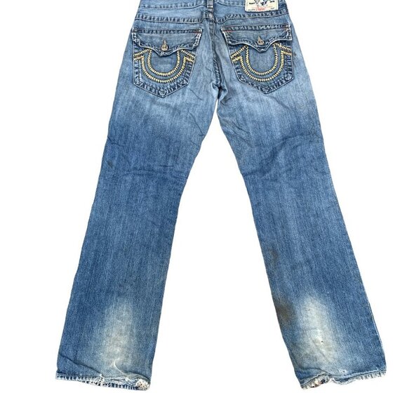 VINTAGE True Religion Jeans Size 32 STRAIGHT Trashed Rope Stitch Horseshoe - Picture 6 of 9